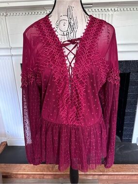 Boho Lace Up Peplum Blouse Womens Sz L Burgundy Wine Merlot Sheer Swiss Dot Top